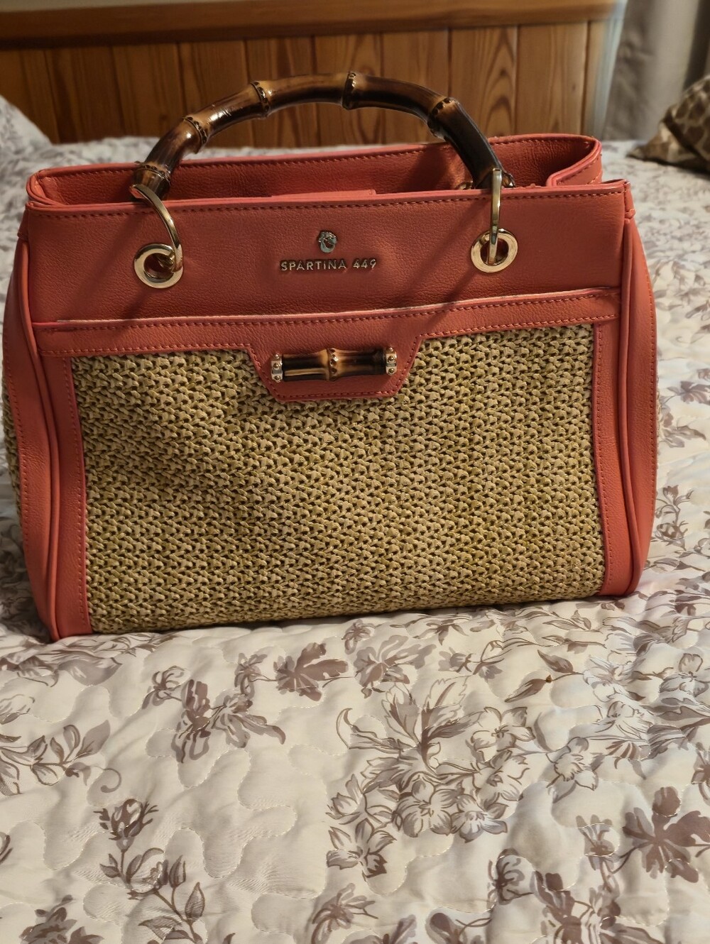 Spartina 449 Coral Satchel with Woven Straw Front and Bamboo Handles